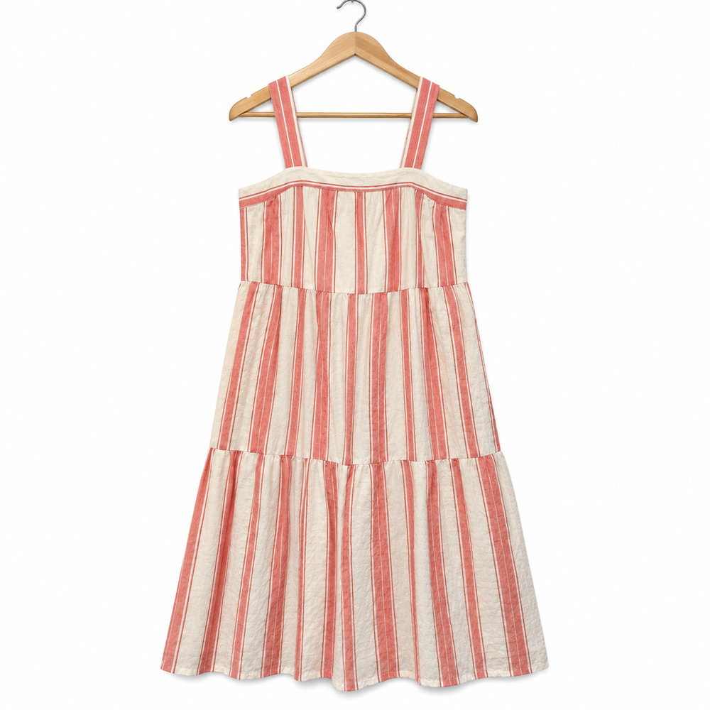 LOFT Sundress Womens Size PM Coral Stripe Tiered Midi Lined Cotton Blend NWT